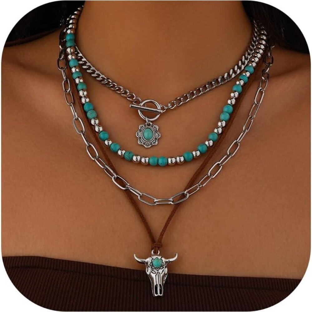 Western Ox-Head Pendant Necklace - Adjustable Turquoise Choker for Women